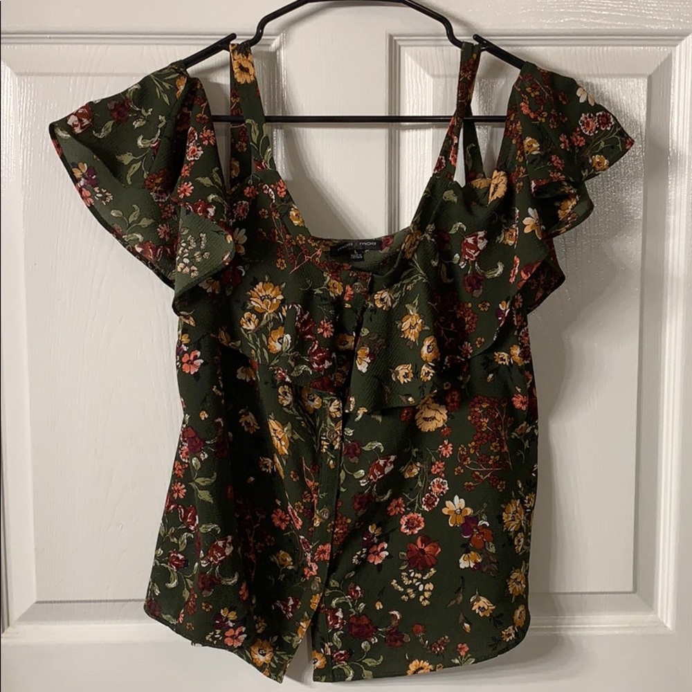 Olive floral print cold shoulder top